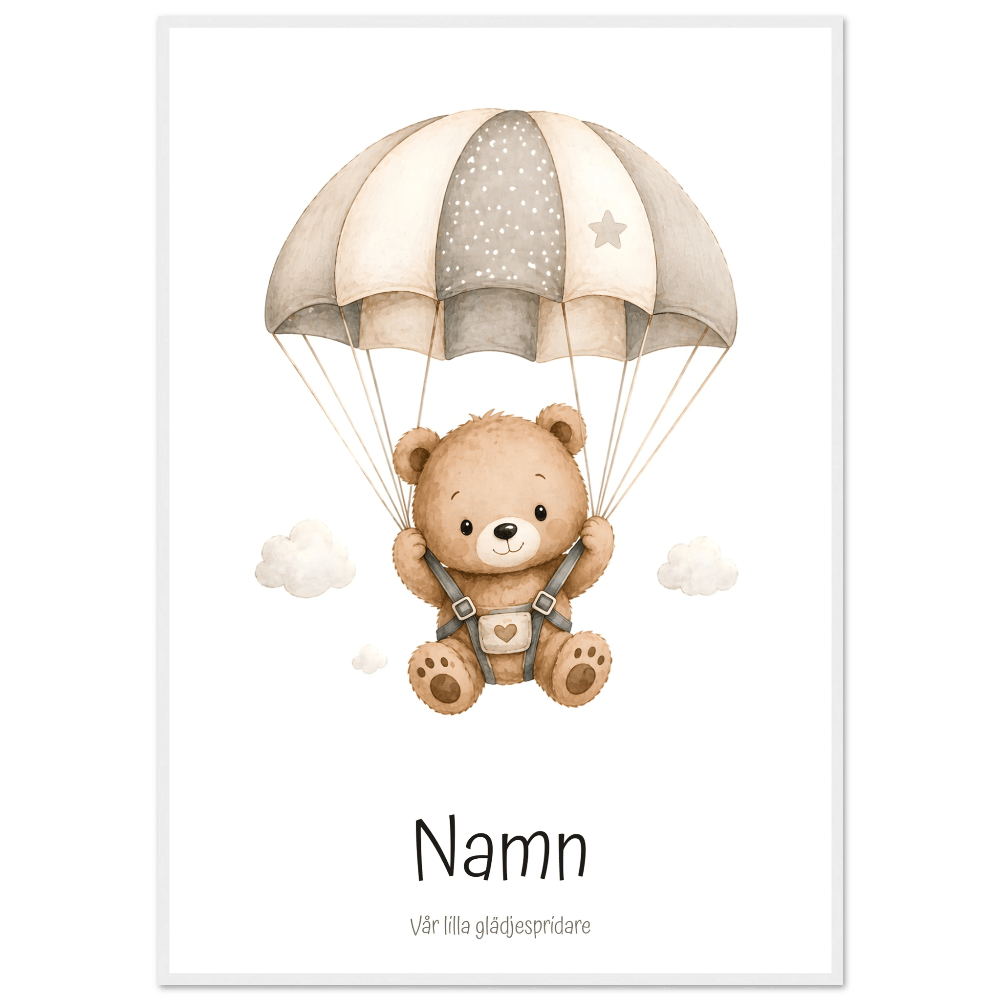 Björn med fallskärm och namn & text-70x100 cm / 28x40″ / Med ram / Vit