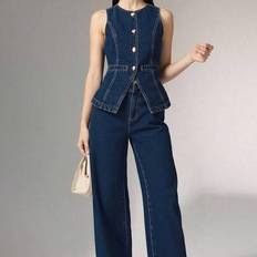 Women's Metal Button Front Hem Slit Waist Tank Top And Long Jeans 2 Pieces Set - Elegant Denim Set, Wide Leg Loose Jeans, Women's High Waist Jeans, FW - Dark Wash - L,M,S,XL,XS,XXS
