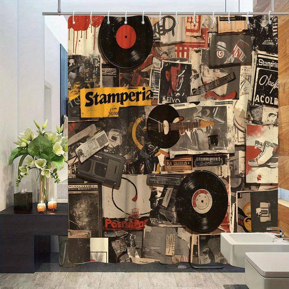 Vintage Music Rock Vinyl Pop Art Shower Curtain Waterproof Bathroom Decor Grunge Poster Shower Curtain Liner for Music Lovers Ho