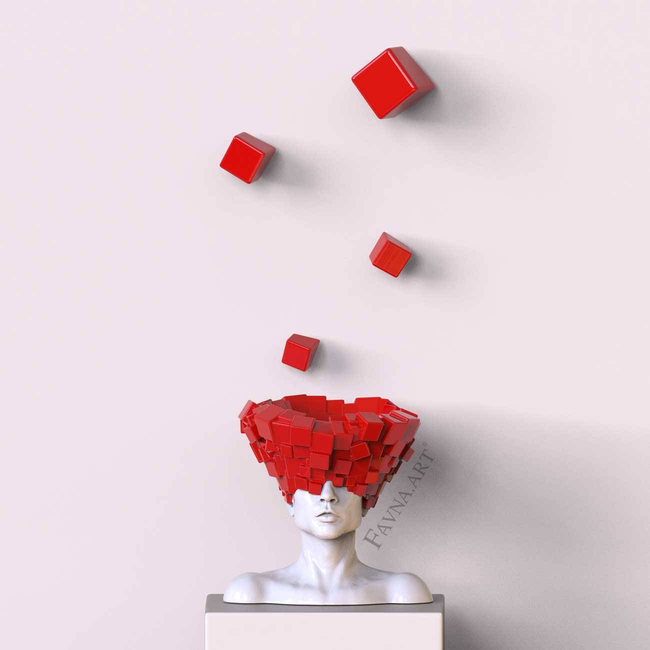 Conceptual sculpture composition “Thoughts” — Man with red wall art cubes - With 4 wall-mounted cubes