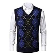 Btmpmcs Herr Argyle tröja väst vardaglig v-ringad ärmlös jumper gentleman stickad slipover affärer stickat tröja linne ull väst golf västar pullover, marinblå, L