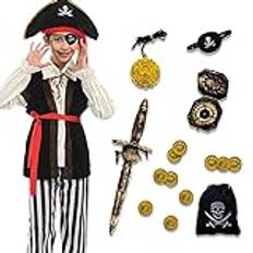 Qingzhuan Piratdräkt för barn, barndräkt med pirathatt, ögonlapp, pirattillbehör, piratdräkt för halloween, piratfest, karneval, S