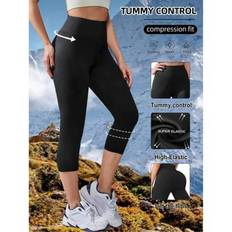 Hög midja för kvinnor med 7/8-tums kontroll, enfärgade stretchiga träningsleggings, mångsidiga fitnesscykel- och vandringsshorts, lätta, mjuka och ela - Svart (L,M,S,XL)
