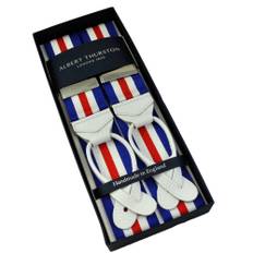 Albert Thurston Trouser Braces - Blue, White &amp; Red Stripe with White Leather Ends