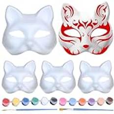 Tadpolez 5 st DIY vit kattmask för dekoration, rävmasker, för maskerad cosplay party (2 penslar + 12 färger)