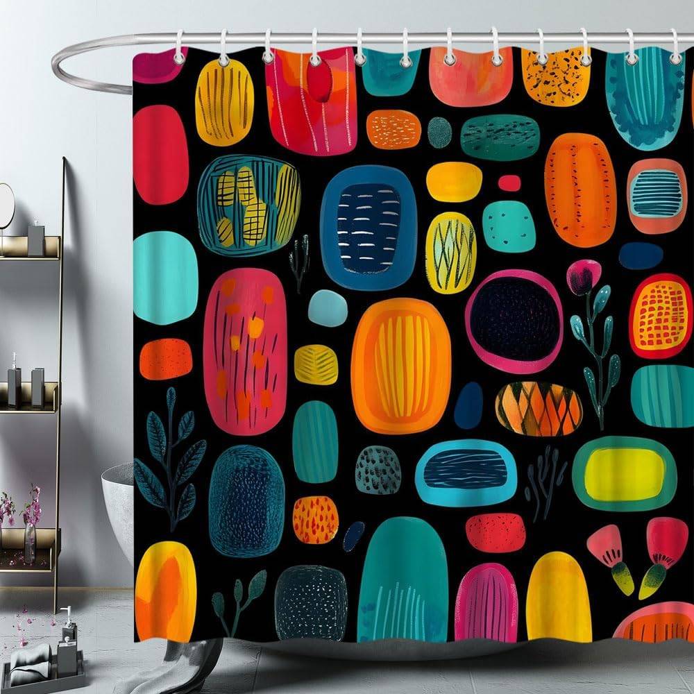Modern Mid Century Duschdraperi Retro Geometriskt Färgglatt Abstrakt Svartgrön Orange Svart Vintage 50-tal 60-tal 70-tal Former Tecknad Mönster