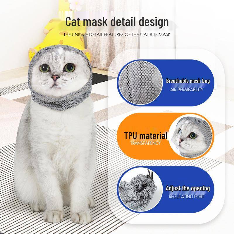 2024 Andningsbar Kattmask: Anti-slick, Anti-repa, Anti-ätande, Katt-huvudskydd med klar sikt grå färg