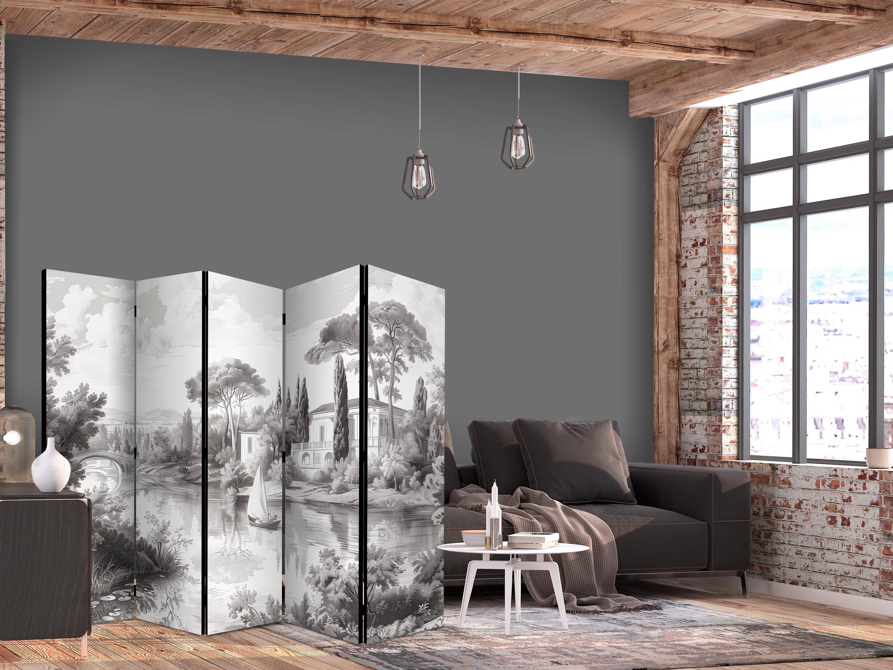 Skærmvæg 5 paneler med sort-hvidt vintage landskab - retro udsigt over dam med båd - 225 x 172 cm - Akustik