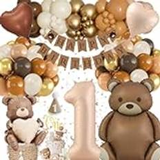1 år födelsedagsdekoration pojke, 1. Födelsedagsballonger set med bruna boho-ballonger, 1 år matta boho liten björnballonger, födelsedagshatt för födelsedagsdekoration 1. Pojke, flicka