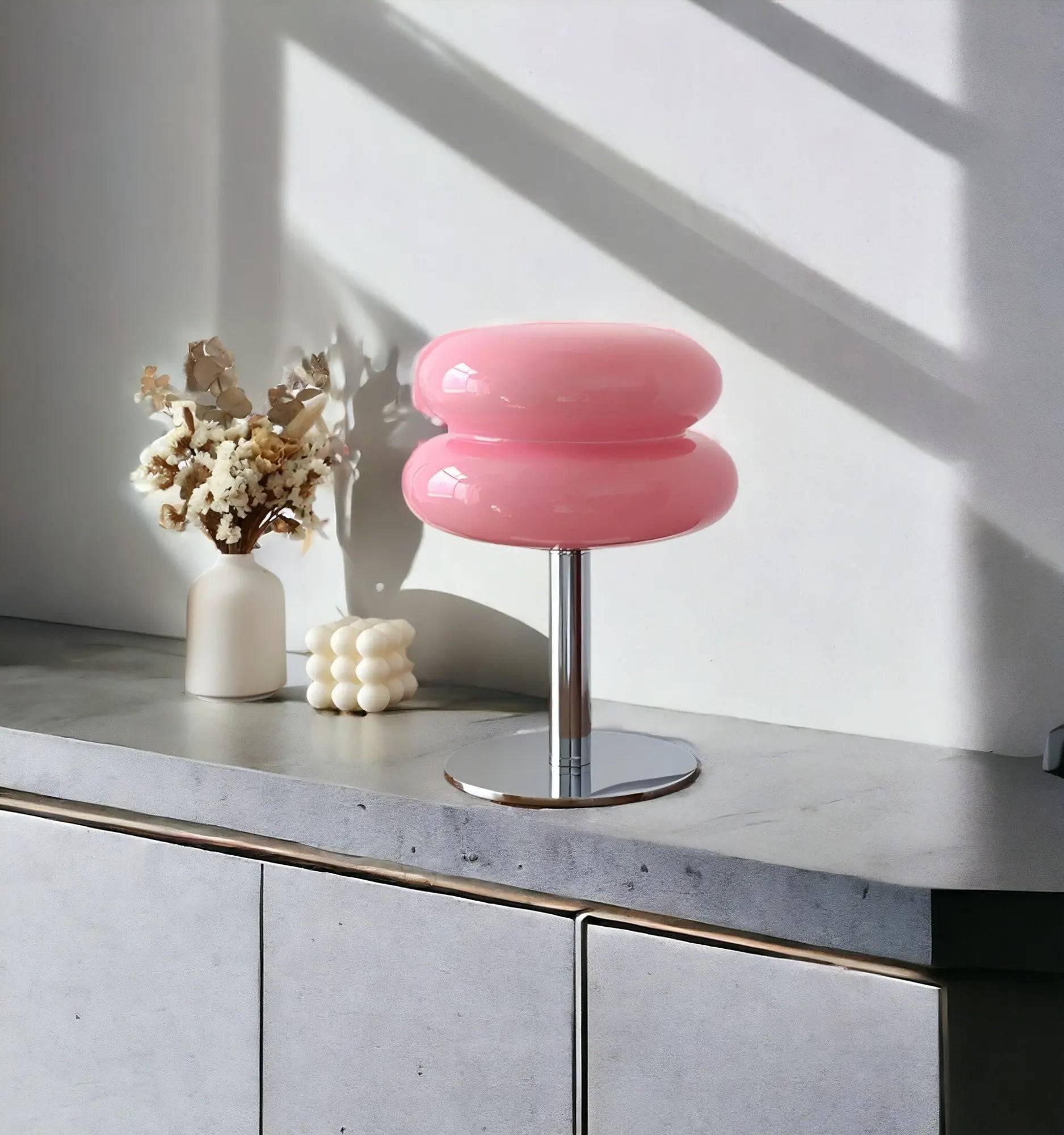 Elegant Macaron Glaskula Bordslampa med USB - 3 Ljusfärger - Rosa