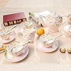 15 Pieces Coffee Cup and Saucer Set Porcelain Tea Set Tea Sets for Adults High-grade Bone China Coffee Cup Wedding Gift,Pink (Pink)