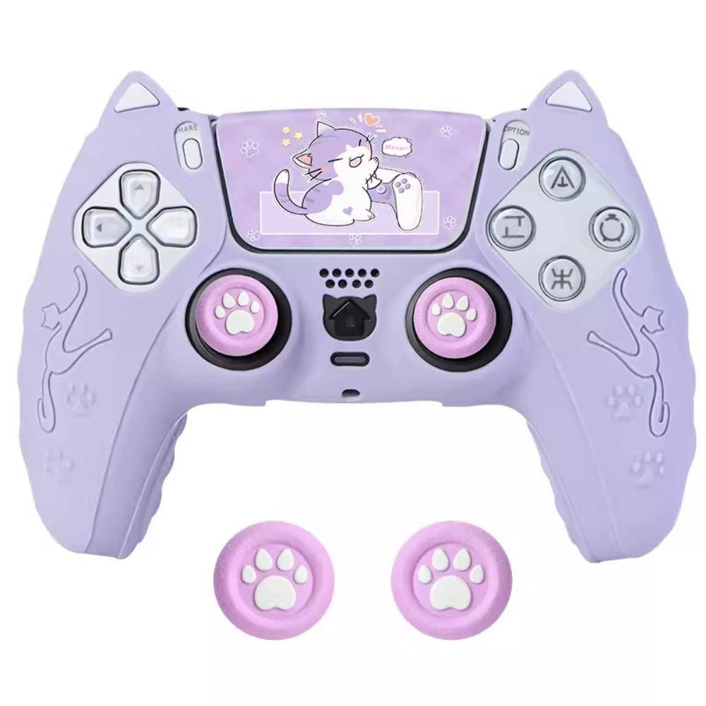 Silicone Controller Case Set with Thumb Grip Caps with Sticker Controller Skin Cat Paw Anti-slip Protective Shell Cover for PS5 svart