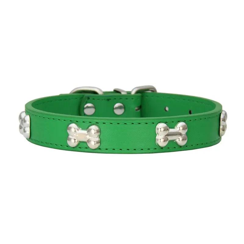 Durable Leather Dog Collar with Bone Design for Small to Large Dogs - green / S