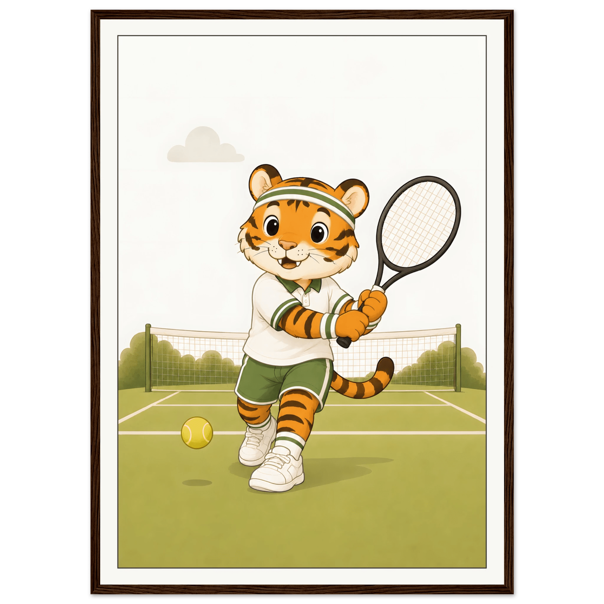 Tiger spelar tennis-50x70 cm / 20x28″ / Med ram / Mörkt trä