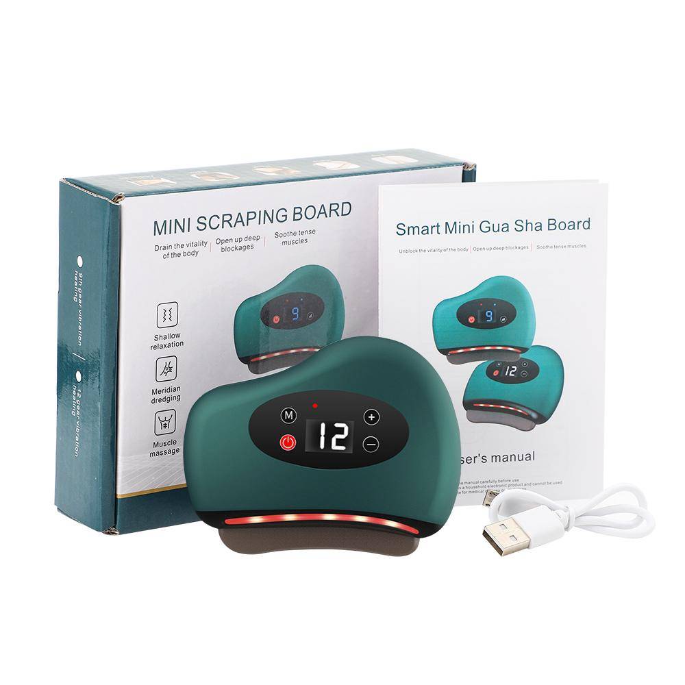 USB Elektrisk Guasha Massager Varm Sten Uppvärmning Vibration Skrapbräda Nacke Rygg Massage Ansiktshud Gua Sha Ansiktslyftningsverktyg grön