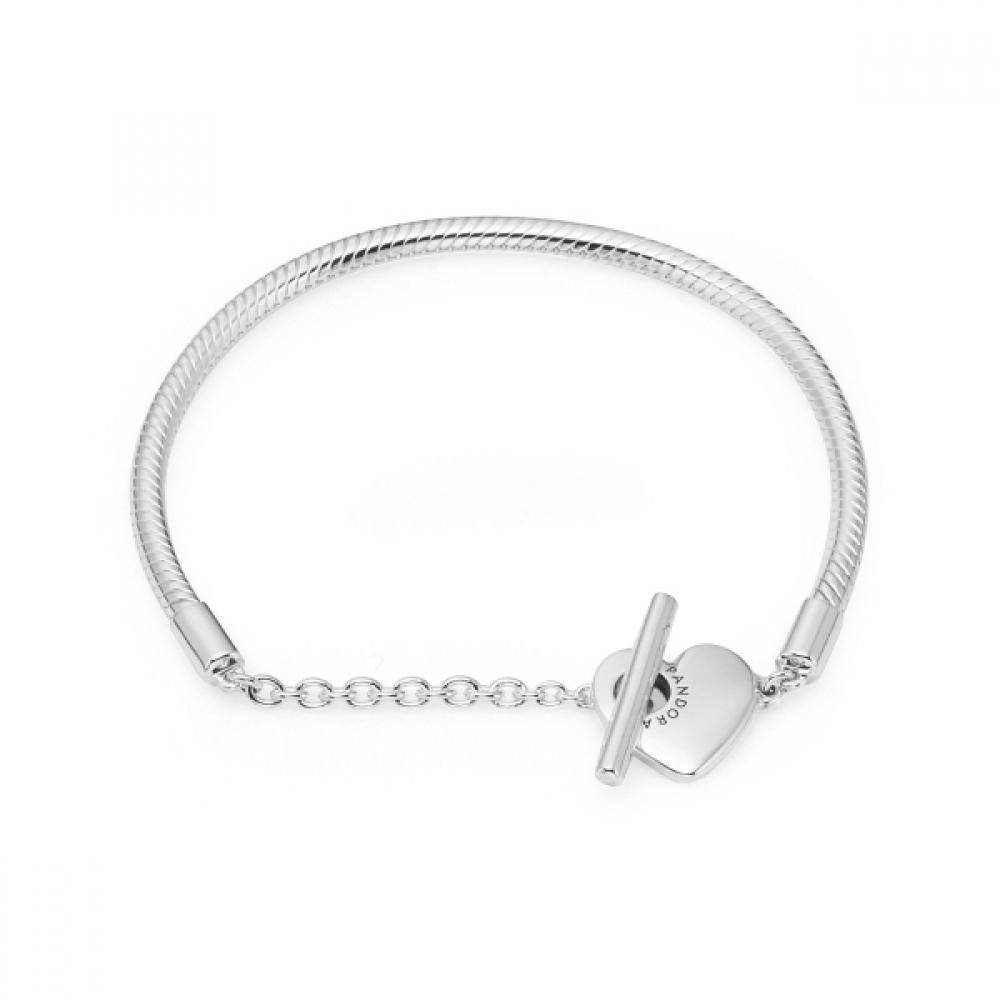 Pandora 599285c00 MomenT HearT T Bar Snake Chain Silver braceleT 599285C00-18