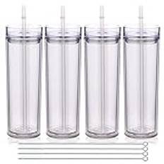 Volhoply 20oz Plast Skinny Tumblers 4 Pack, Dubbelvägg Tumbler med Lock Och Halm, 550 ML Återanvändbar Iskaffe Mugg, BPA-Fria Matt Akryl Vattenkoppar med Sugrör för Fest, DIY-Presenter