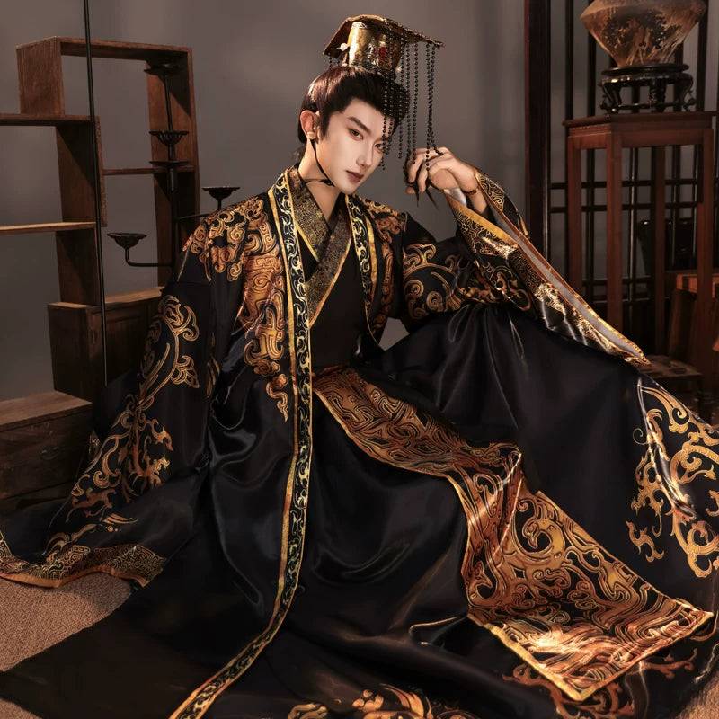 Qin-Inspired Emperor Hanfu Robe Costume | Sets & Crown Options - Black & Gold Set + Crown / L