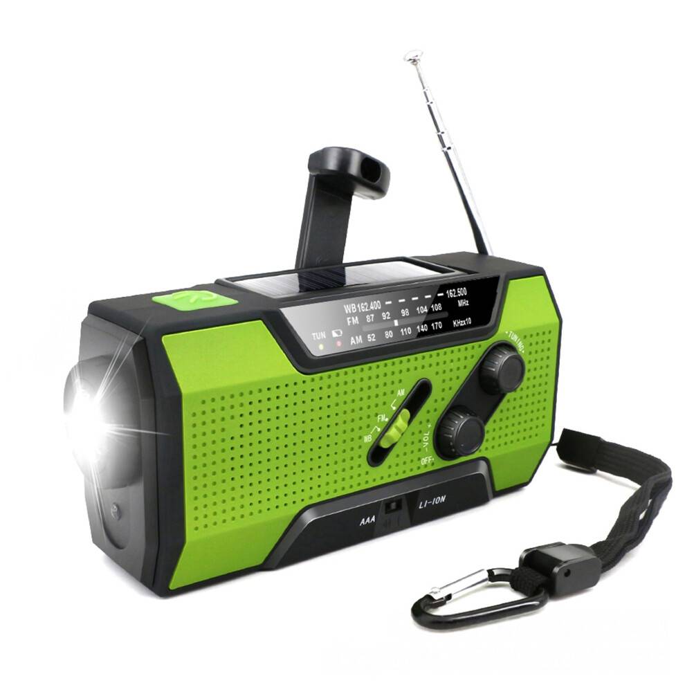 HK&Hanker Nödväderradio, Bärbar Utomhusradio Med Vev Solcellsdriven, AM/FM, SOS-larm, LED-läslampa, Ficklampa Grön