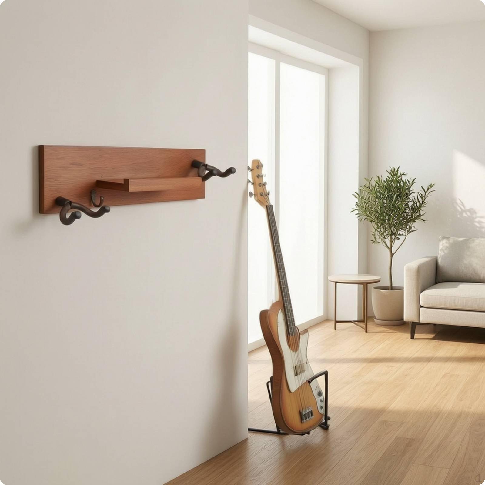 WoodFinish Gitarrväggfäste med Hylla | Skärmad Gummipolstring, Hängarhylla,