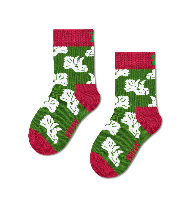 Green Triceratops Print Kids Socks | Fun Novelty - Green, Dark Red (2-3 Years)