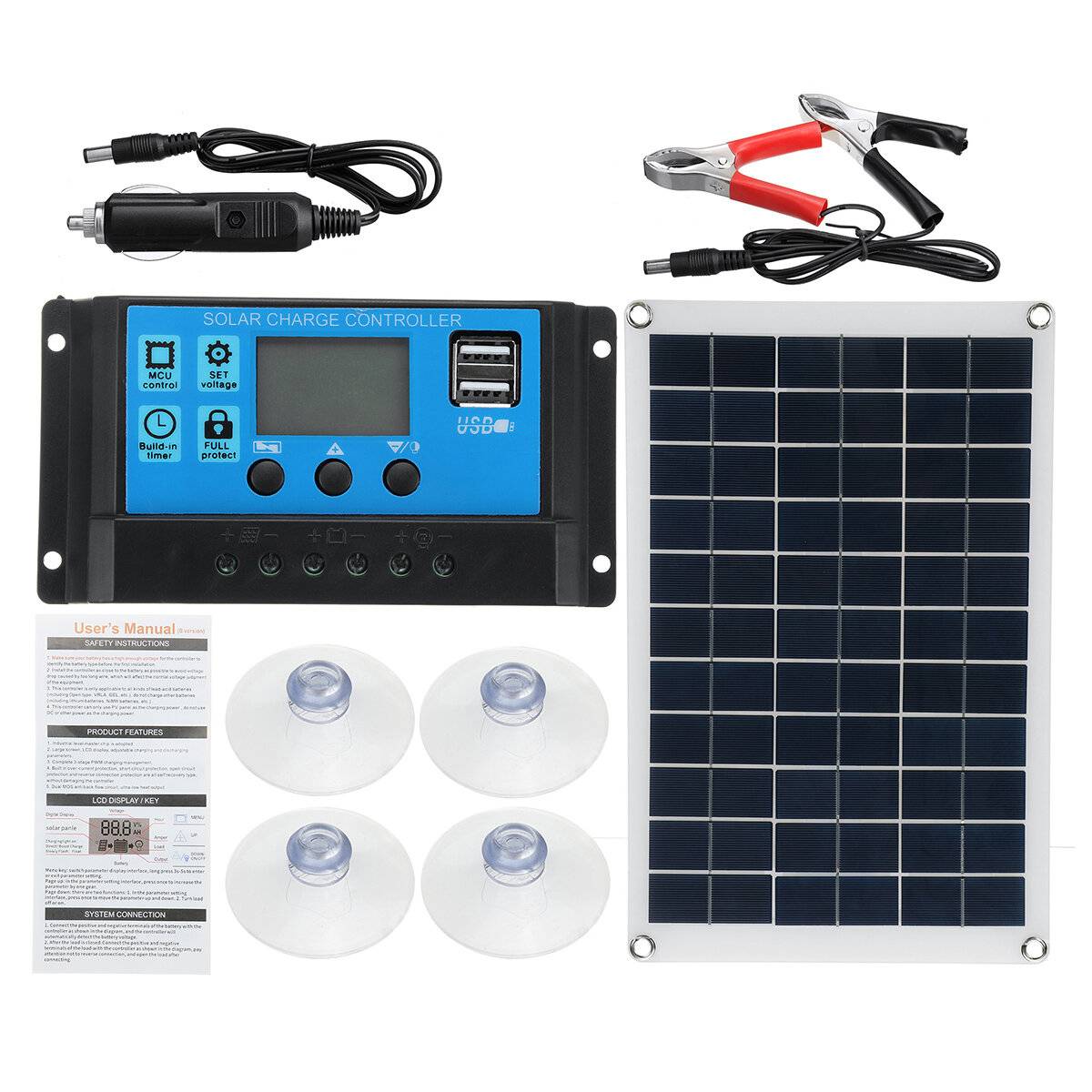100W Solpanel Kit 12V Batteriladdare 10-100A LCD Kontroller För Husvagn Van Båt