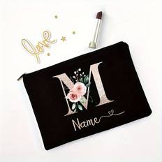 TEMU 1pc Personalized Floral Monogram Cosmetic Bag - Custom Name A-z, Black Polyester Makeup Pouch With Elegant Cursive & Printed , Lightweight Toiletry Organizer For Wedding, Team, Or Teacher Gifts