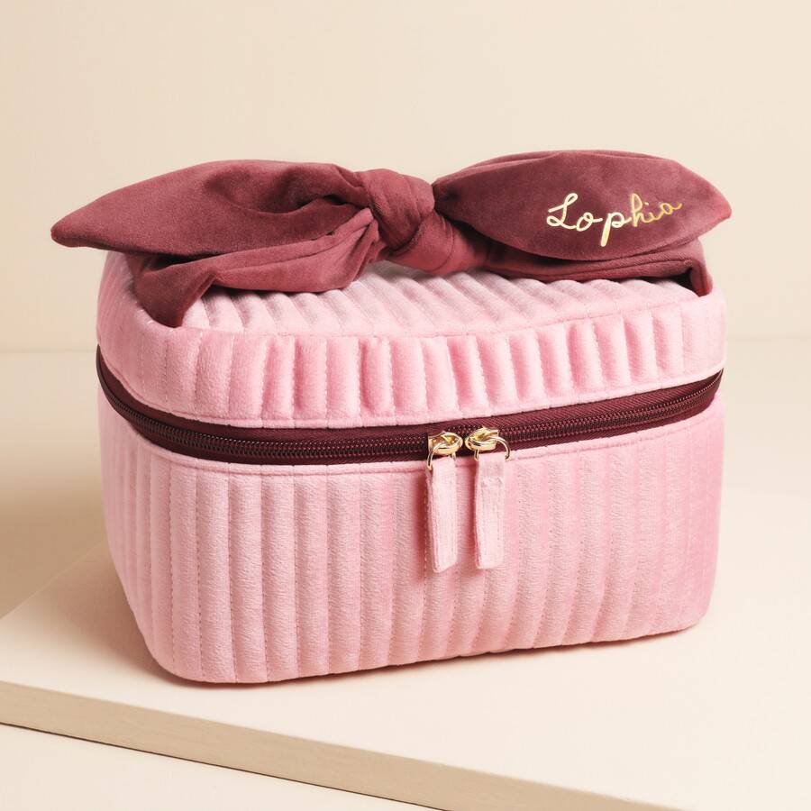 Personalised Large Pink And Burgundy Velvet Bow Vanity Makeup Bag - pink/red - one size