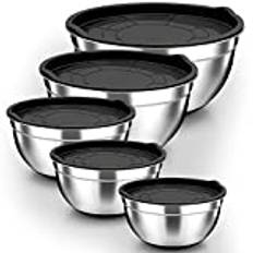 Homikit blandningsskålsset, 5-delad salladsskålsats i rostfritt stål, med svart lock och silikonbotten, multifunktionell, stapelbar, diskmaskinssäker, 6,6 l/3,5 l/2,5 l/1,5 l/1 l