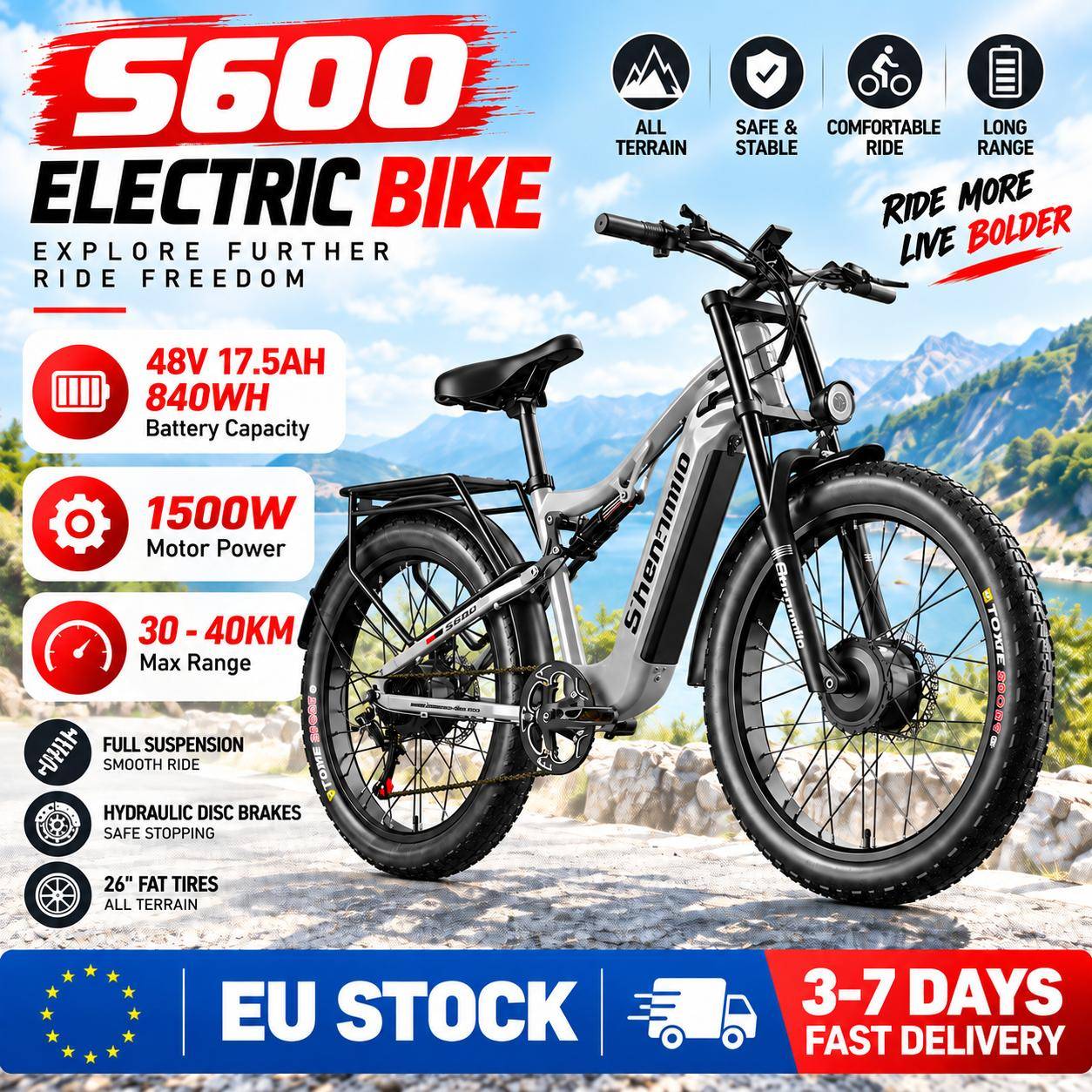 Shengmilo S600 El-mountainbike för vuxna, 2000W, med två motorer, 48V 17,5AH 840WH batteri, elcykel för män med 26 tums breda däck