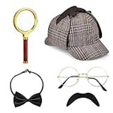 5 stycken detektiv kostym tillbehörsset, Sherlock Holmes kostym tillbehör med detektiv hatt glasögon falsk mustasch förstoringsglas fluga detektiv cosplay rekvisita för karneval cosplay fest