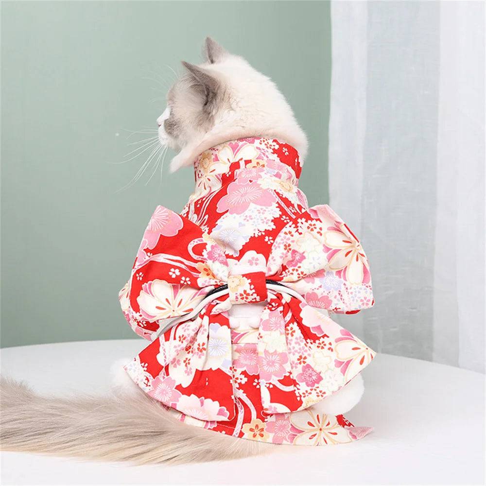 Japanese Kimono Costume for Cats & Dogs - Red Flower / SPC / L-suit 6-10kg (L-suit 6-10kg)