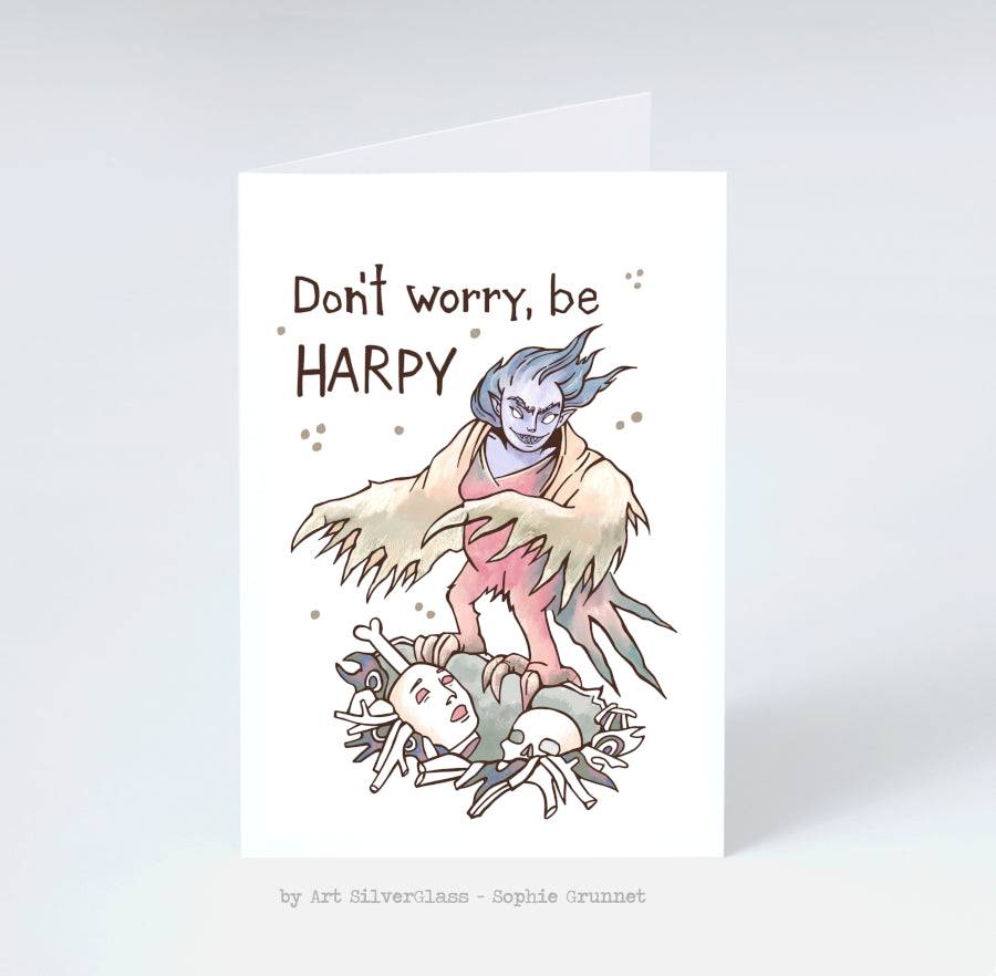 Postkort: Dont Worry, Be Harpy (med kuvert)