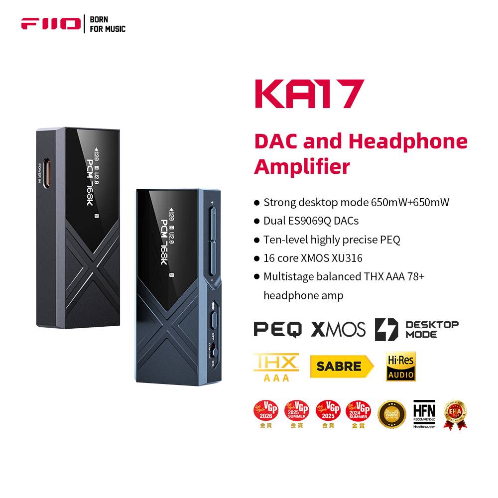 FiiO KA17 Portable USB DAC Audio HiFi Decoder, Dual ES9069Q PCM768 DSD512 3.5/4.4mm Output  for Android iOS Mac Win10