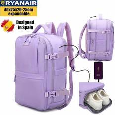 Ryanair Expandable Cabin Travel Backpack 40x25x20-25cm With Shoe Bag, Waterproof Casual Daypack Fits 14&#34; Laptop - Blue/Beige/Black/Pink/Green/Purple/A - Purple