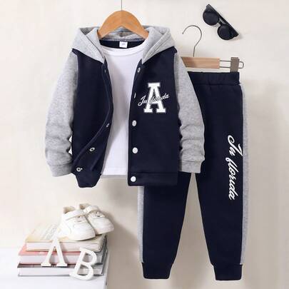 Ung pojke 2 st Casual & Bekväm Sportig bokstav "A" tryckknapp Kontrastfärg Sweatshirt & Patchwork Byxor Outfit Set, höst/vinter - Marinblå (6Y,7Y,4Y,5Y)