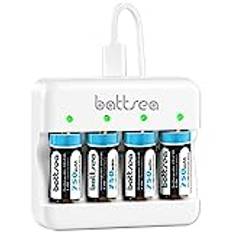 Battsea 123A / 123 uppladdningsbart litiumbatteri 4-pack 750 mAh 3.7V med snabbladdare, kompatibel med Arlo kamera ficklampor mikrofon rökdetektor elektrisk rakapparat väckarklocka räknare