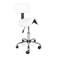 Mingone Sadelpall med ryggstöd, vit, kontorspall med hjul, ergonomisk roterande pall arbetsstol, kosmetika, sadelstol, 360° pall justerbar höjd 75–86 cm
