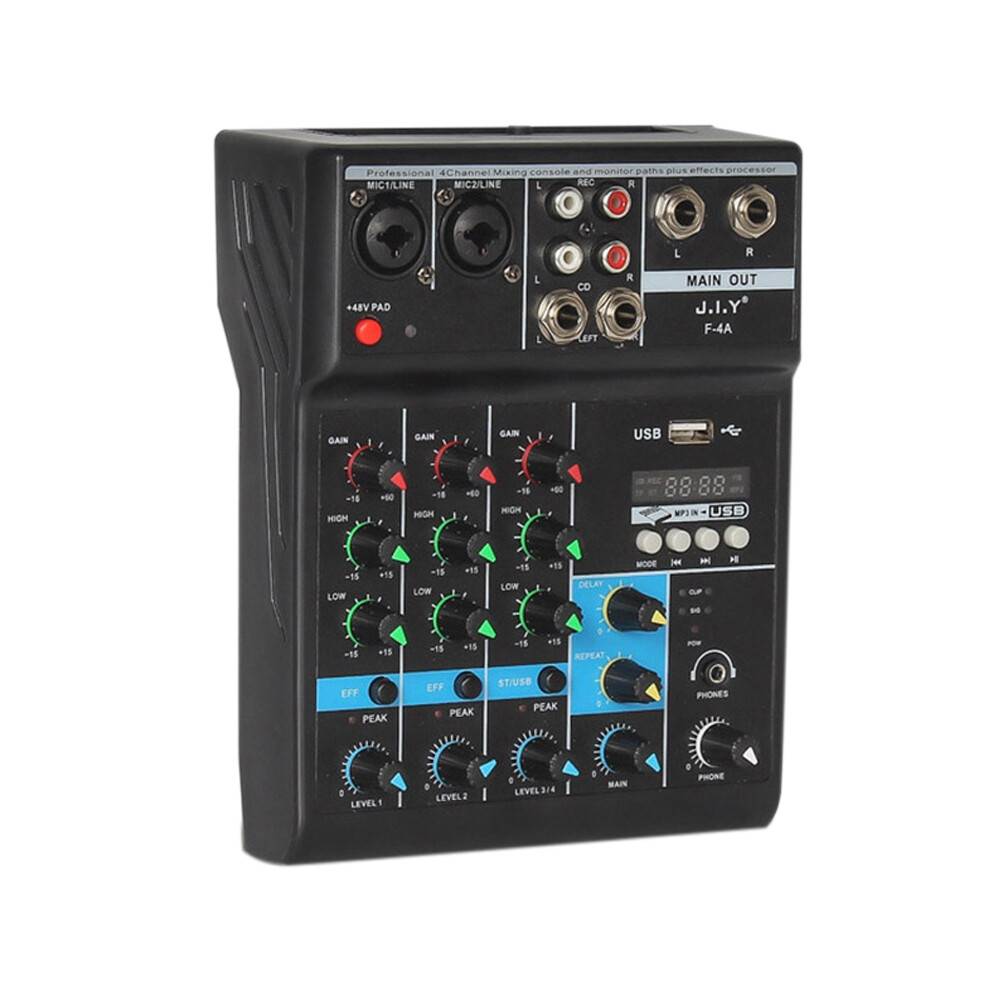 Professionel 4-kanals Bluetooth-mixer, lydmixer, DJ-konsol med rumklangseffekt til hjemmekaraoke, USB, live, scene, KTV