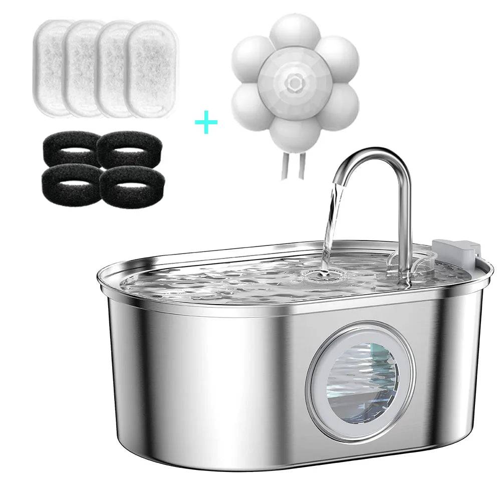 Premium Pet Water Fountain - 3.2L Stainless Steel with Silent Filter & Transparent Window - With motion sensor