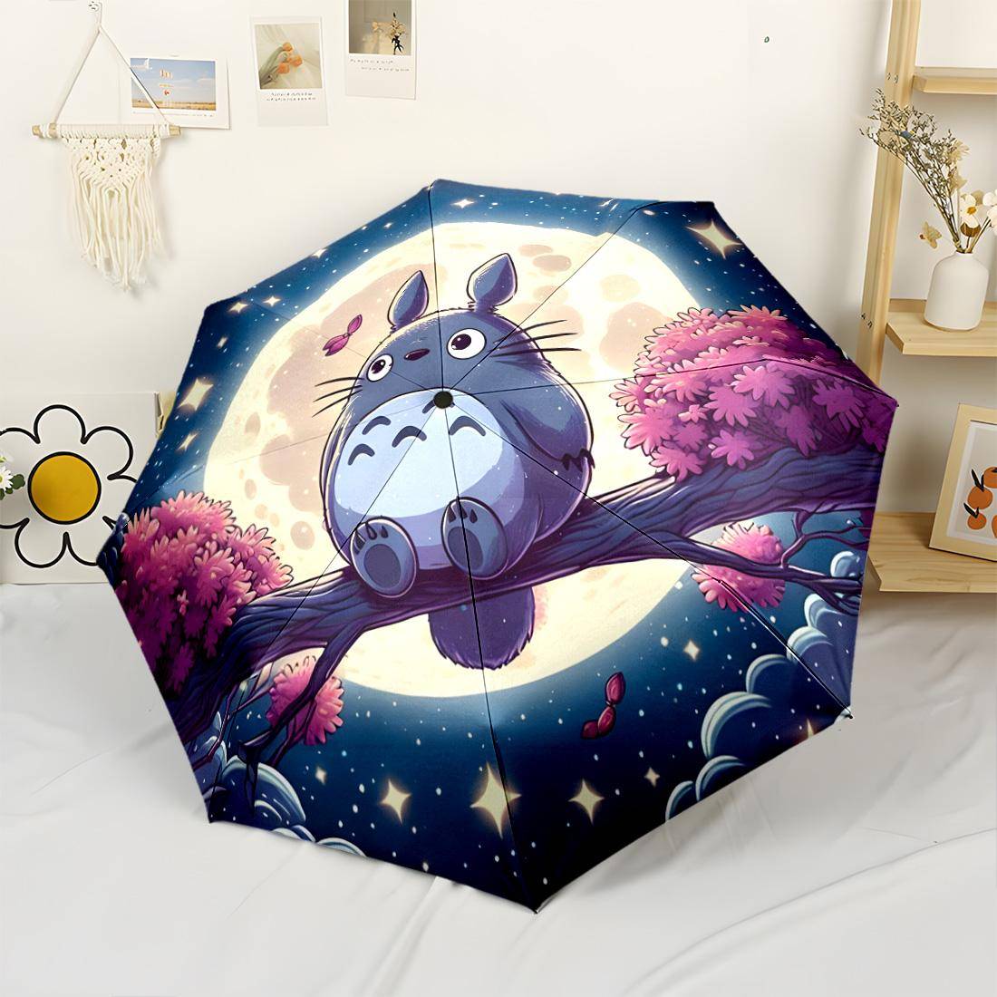Totoro Månupplyst Natt Bärbar Automatisk Paraply Stadig 8-ribbad Stång Lättvikt för Utomhus Daglig Användning Modeälskare Bäst för Jul