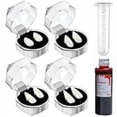 4 par halloween vampyrtänder, vampyr cosplay fångare, vampyr tänder kostym, med 1 tub tänder pellets lim och halloween konstblod, 30 ml, för olika halloween cosplay fester