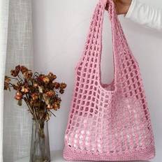 Sommarmode Strandväska, Elegant Rosa Damväska, Virkad Väska Dam Handbagageväska, Lunchväska, Axelväska Reseväskor, Essentials, Lämplig för Vardagsakti (Mini,rosa stor)