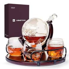 Whisky Karaffe Globus für Alkohol - Whiskey Decanter Bar Set mit Gläser Holzständer und Weltkarte - Geschenke für Männer und Frauen - Glas Flasche Zubehör für Gin, Rum, Scotch, Likör, Bourbon, Wodka
