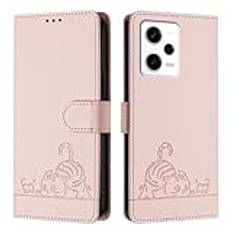 JZ Note 12 Pro 5G Konstläder Flip Cover Plånbok Fall [Lazy Cat][Wrist & Neck Strap][Card Holder][Kickstand] För Redmi Note 12 Pro 5G / Poco X5 Pro Case - Pink