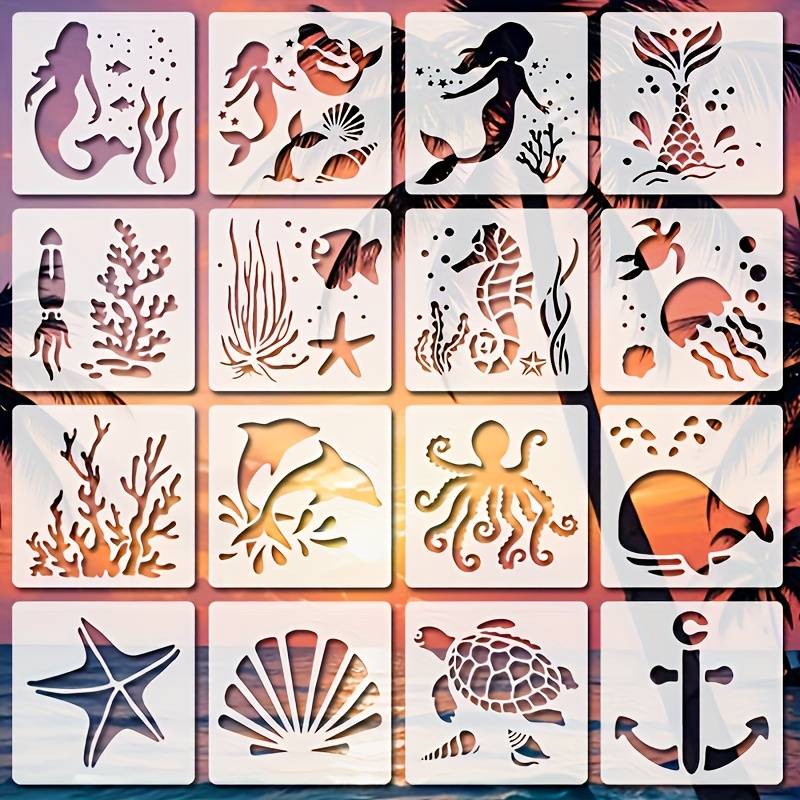 16pcs Stencil Set, 3.9-inch Reusable Mermaid Painting Templates, Plastic Sea Animal Drawing Stencils For Diy Art Crafts, Scrapbooking, Wood, Wall Home Decor