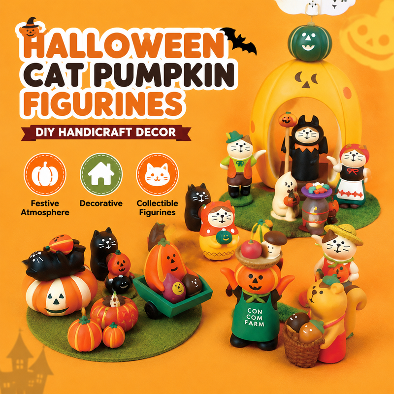 Halloween Cat Pumpkin Figurine Trendy Ornament Diy Handmade Craft Small Tabletop Decor Home Desktop Decoration Holiday Gift