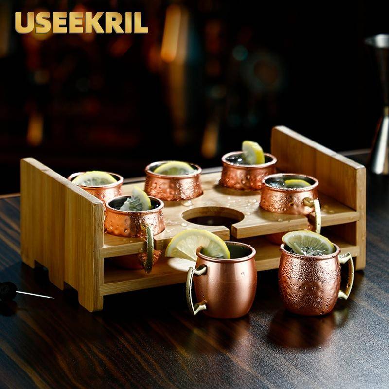 6 st/set 60ML Minikoppar Moscow Mule-kopp med trähandtag Cocktailkoppar Rostfritt Stål Hamrad Kopparpläterad Ölkanna Vinkanna