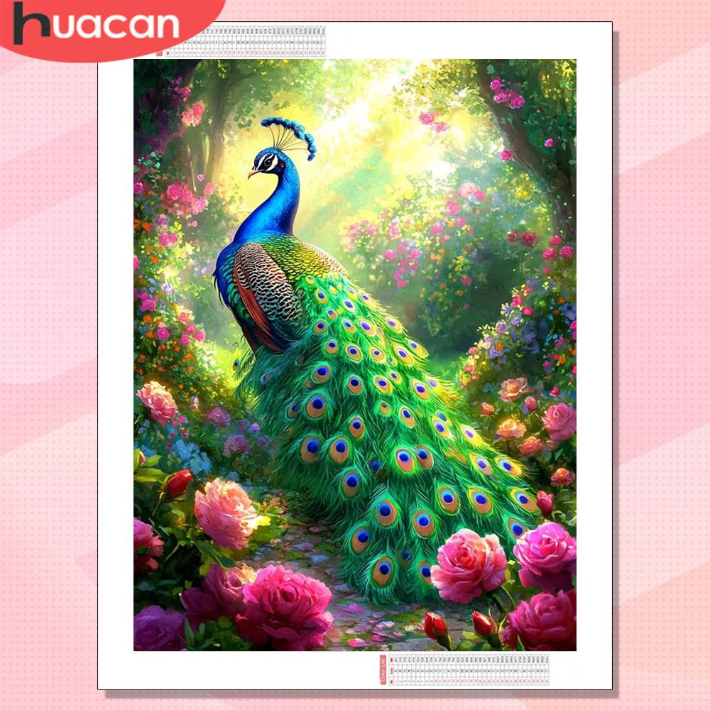 HUACAN Diamond Painting Peacock Animal Full Square Round Drill Unique Gift Rhinestones Art Kit Peony Rose Flower