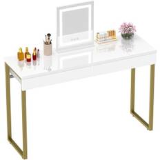 GreenForest Sminkbord utan spegel, 2 lådor Sminkbord Justerbar belysning, 100 x 40 cm Sminkbord Kontor 2 i 1, Modernt kosmetikrum med metallfötter, Vit och Guld